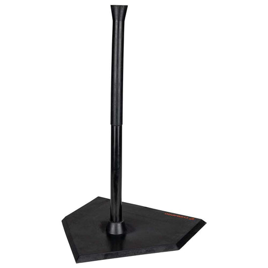 Black PVC batting tee base with upright post, no ball attached