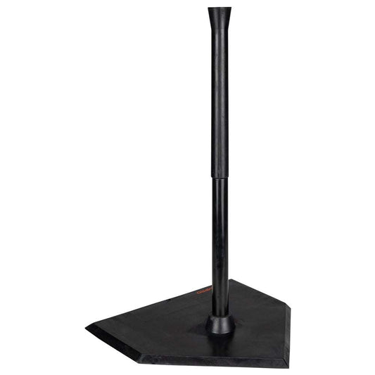 Black batting tee base with upright post and round mounting foot