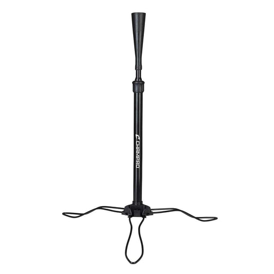Folding batting tee with upright post and detachable carrying straps, black.