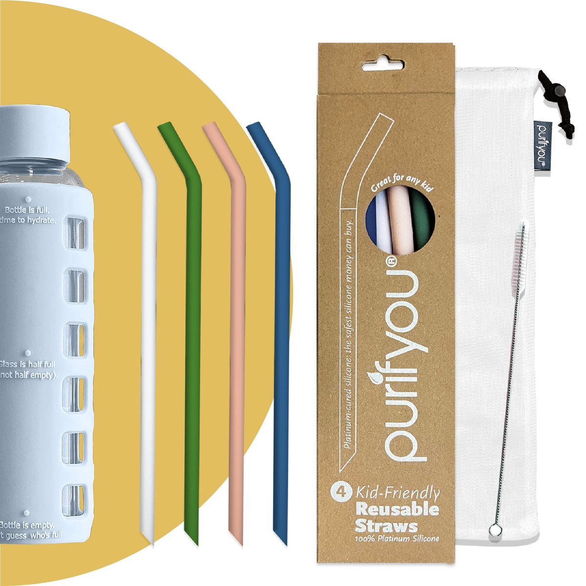 purifyou Reusable Silicone Straws - Long, Slender & Kids Sizes