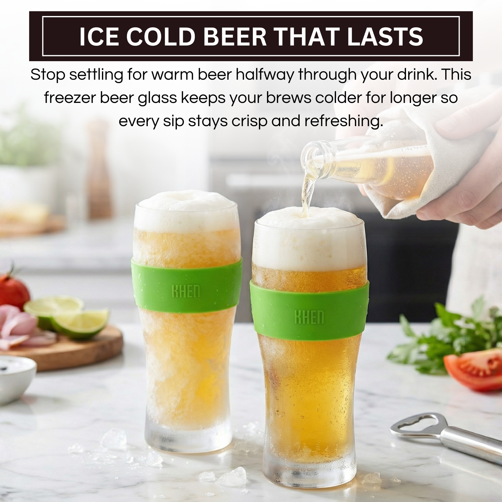 Khen Barcelona Acrylic Cooling Beer Glasses | Set of 2 | 12oz | 7.8"H | Break-Resistant | Insulated - Niksstuff