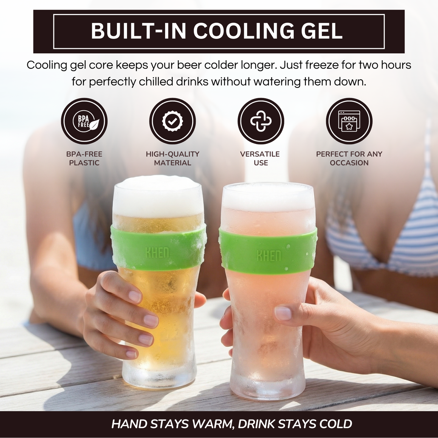 Khen Barcelona Acrylic Cooling Beer Glasses | Set of 2 | 12oz | 7.8"H | Break-Resistant | Insulated - Niksstuff