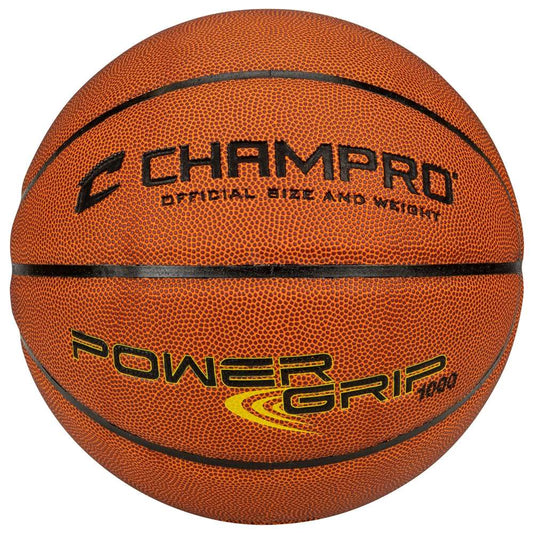 Orange junior indoor/outdoor basketball with black seams and CHAMPRO PowerGrip logo