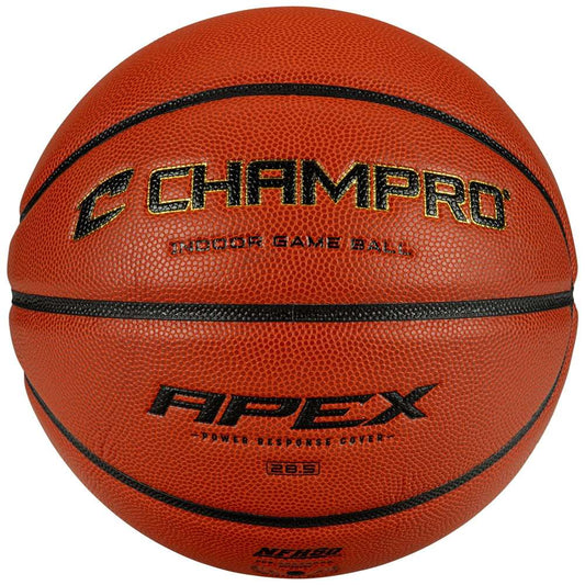 ORANGE microfiber indoor basketball with CHAMPRO and Apex logos, black seam lines