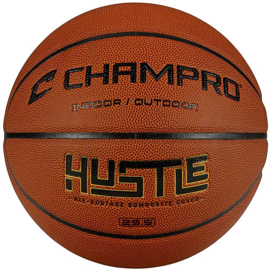 Orange composite basketball with CHAMPRO and HUSTLE graphics, indoor/outdoor markings.