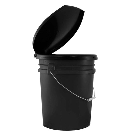 Emergency portable toilet bucket with open lid, seat and handle loop; dark plastic