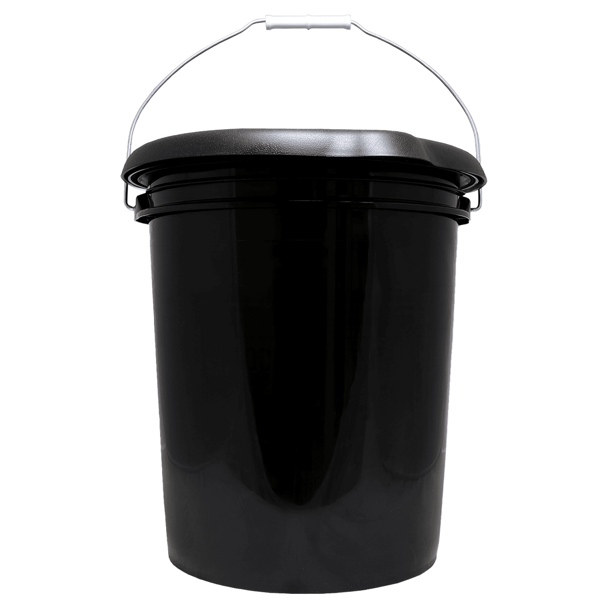 Emergency portable toilet bucket with closed lid and metal carry handle, dark plastic