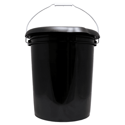 Emergency portable toilet bucket with closed lid and metal carry handle, dark plastic