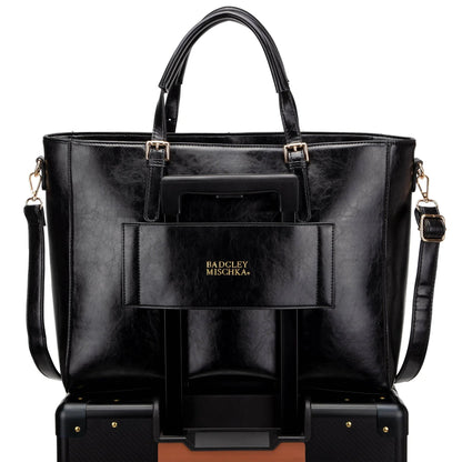 Badgley Mischka Julia Vegan Leather Weekender Bag with Trolley Sleeve – Tan & Black