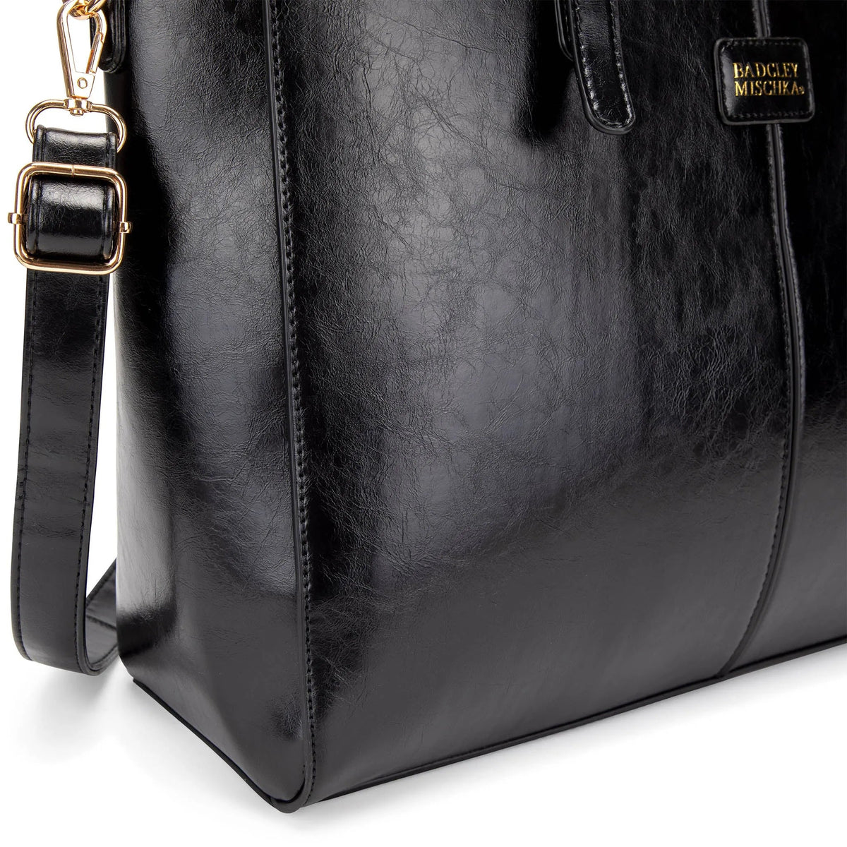 Badgley Mischka Julia Vegan Leather Weekender Bag with Trolley Sleeve – Tan & Black