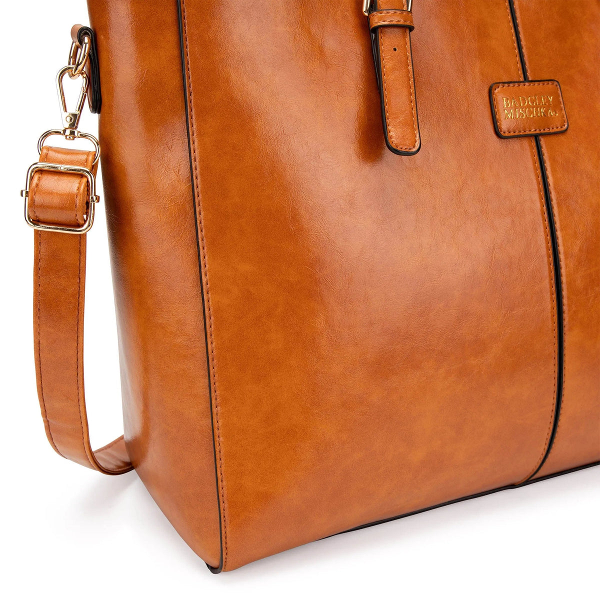 Badgley Mischka Julia Vegan Leather Weekender Bag with Trolley Sleeve – Tan & Black