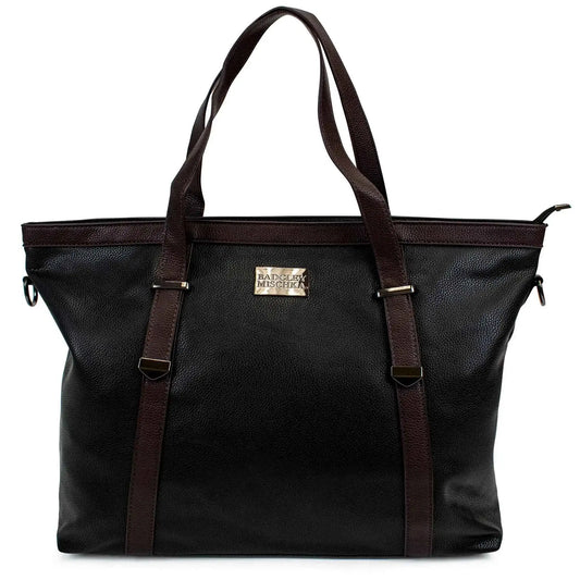 Black vegan leather weekender duffel bag with brown strap trim and logo patch