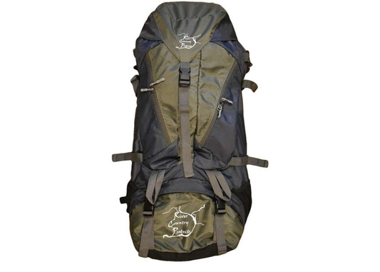 65L hiking backpack with rain cover, olive-and-black panels, adjustable suspension straps
