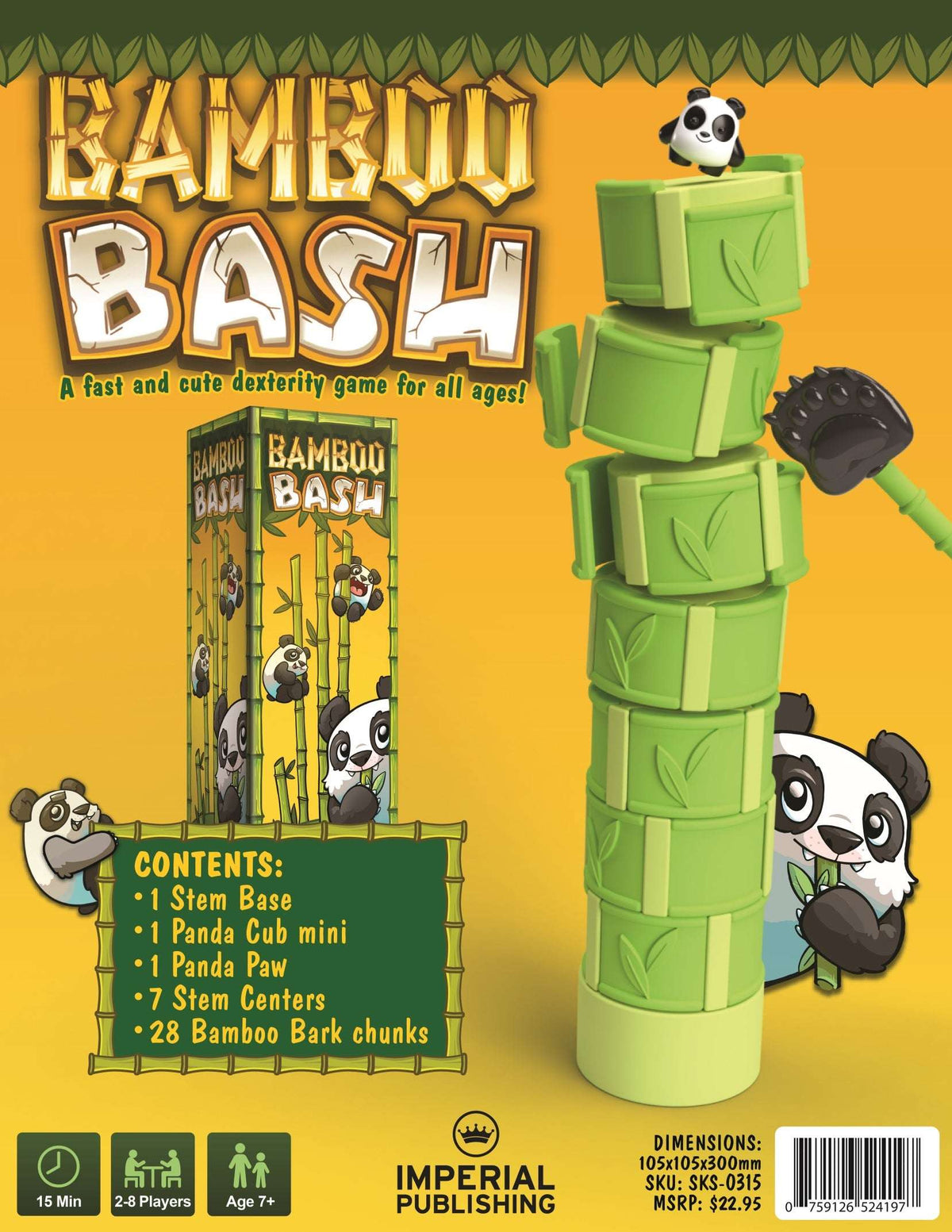 Bamboo Bash game back panel with green bamboo tower pieces and panda paw mallet artwork