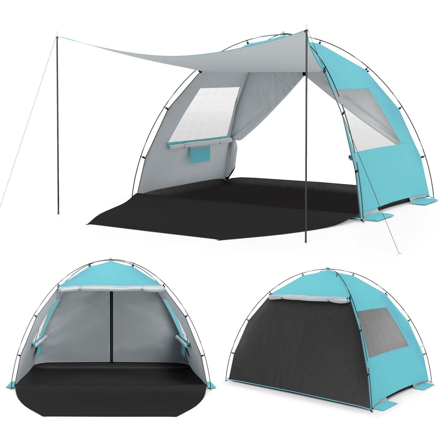 Beach Tent Sun Shelter – UPF50+ Canopy for 3-4 People with Extended Floor, Vent Windows & Sandbags | 6 lbs