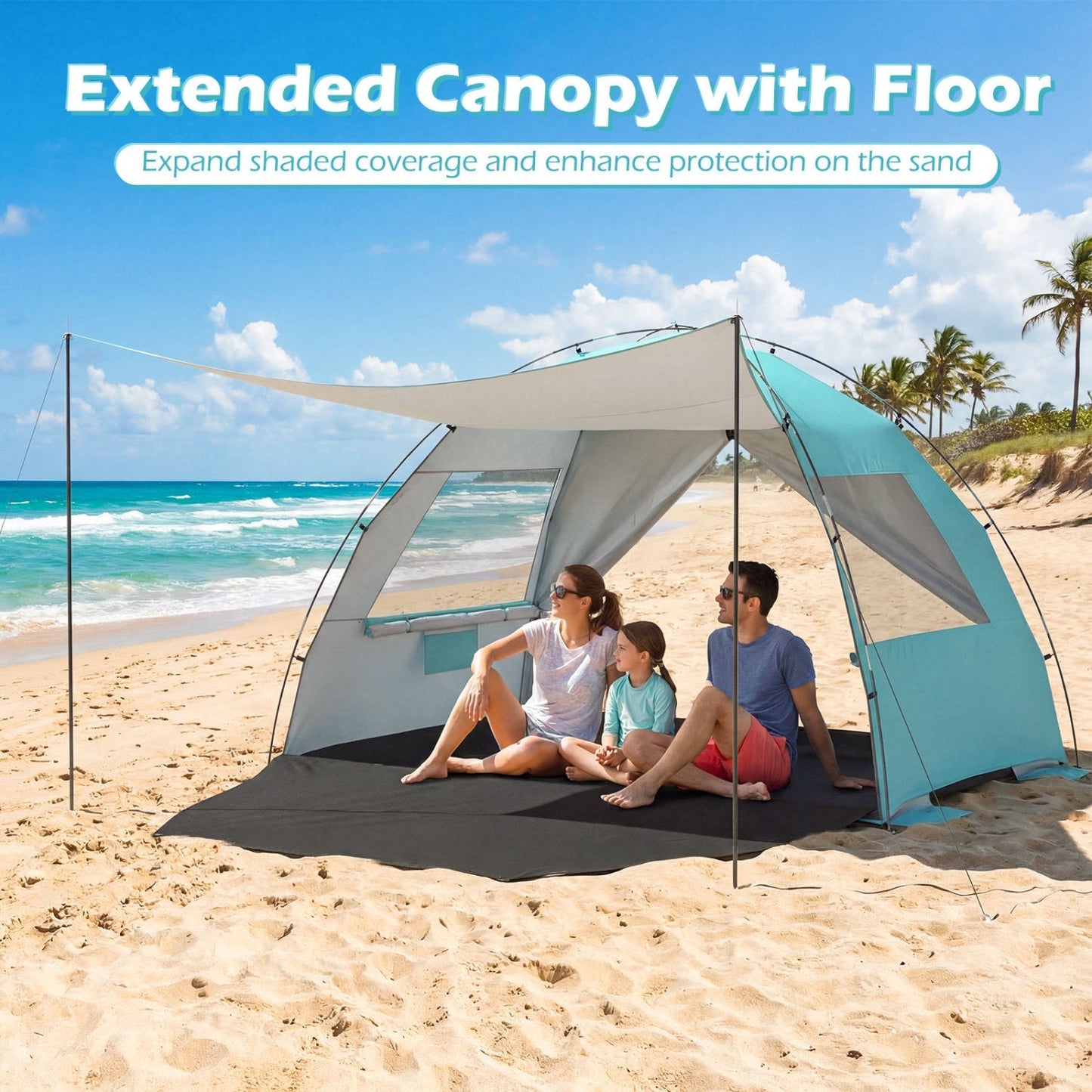 Beach Tent Sun Shelter – UPF50+ Canopy for 3-4 People with Extended Floor, Vent Windows & Sandbags | 6 lbs
