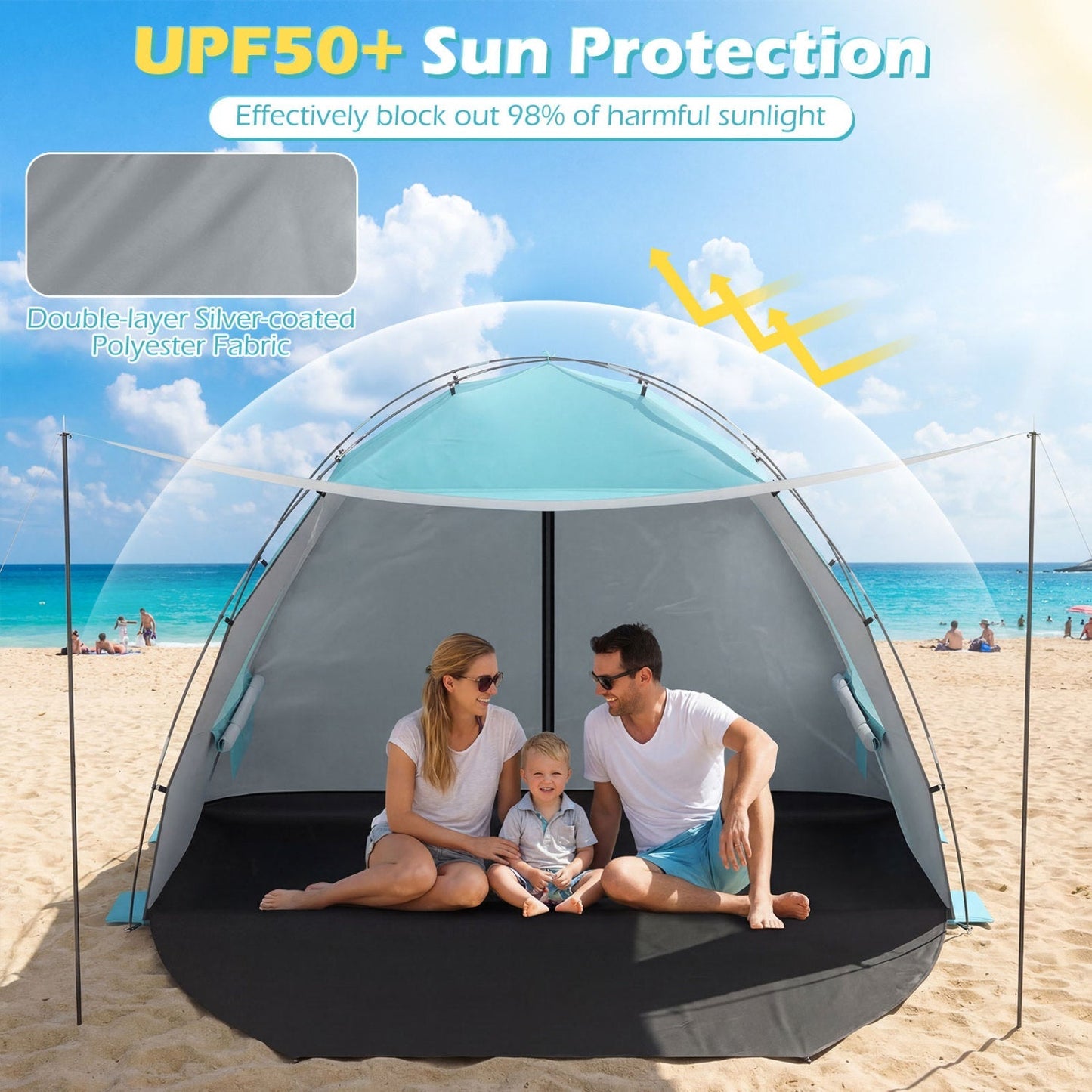Beach Tent Sun Shelter – UPF50+ Canopy for 3-4 People with Extended Floor, Vent Windows & Sandbags | 6 lbs