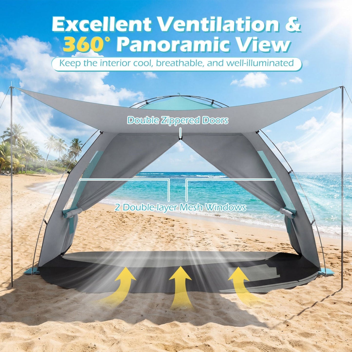 Beach Tent Sun Shelter – UPF50+ Canopy for 3-4 People with Extended Floor, Vent Windows & Sandbags | 6 lbs