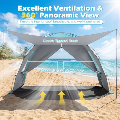 Beach Tent Sun Shelter – UPF50+ Canopy for 3-4 People with Extended Floor, Vent Windows & Sandbags | 6 lbs