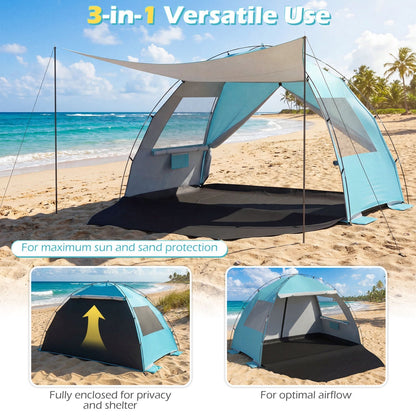 Beach Tent Sun Shelter – UPF50+ Canopy for 3-4 People with Extended Floor, Vent Windows & Sandbags | 6 lbs