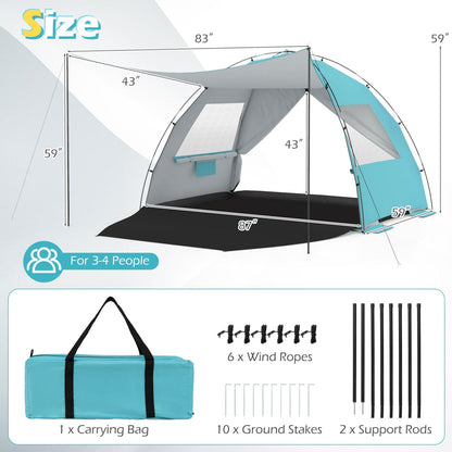 Beach Tent Sun Shelter – UPF50+ Canopy for 3-4 People with Extended Floor, Vent Windows & Sandbags | 6 lbs