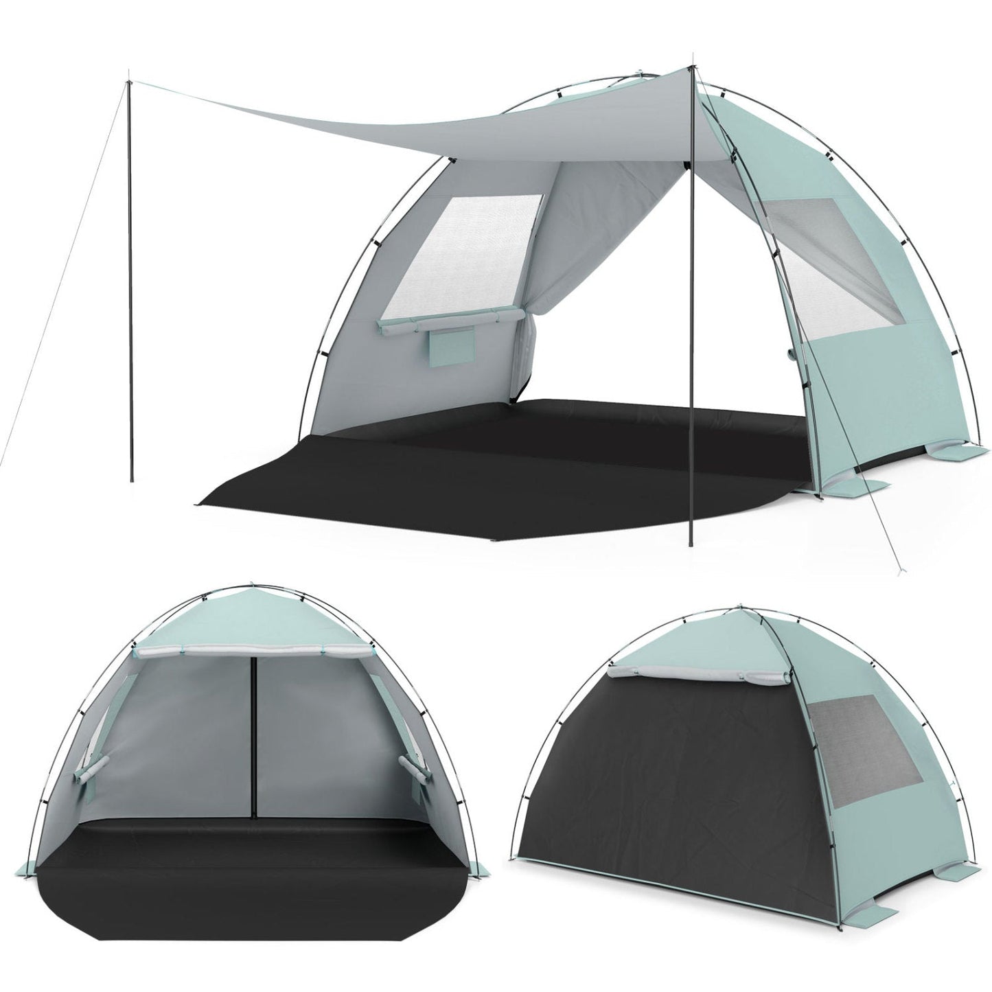 Beach Tent Sun Shelter – UPF50+ Canopy for 3-4 People with Extended Floor, Vent Windows & Sandbags | 6 lbs
