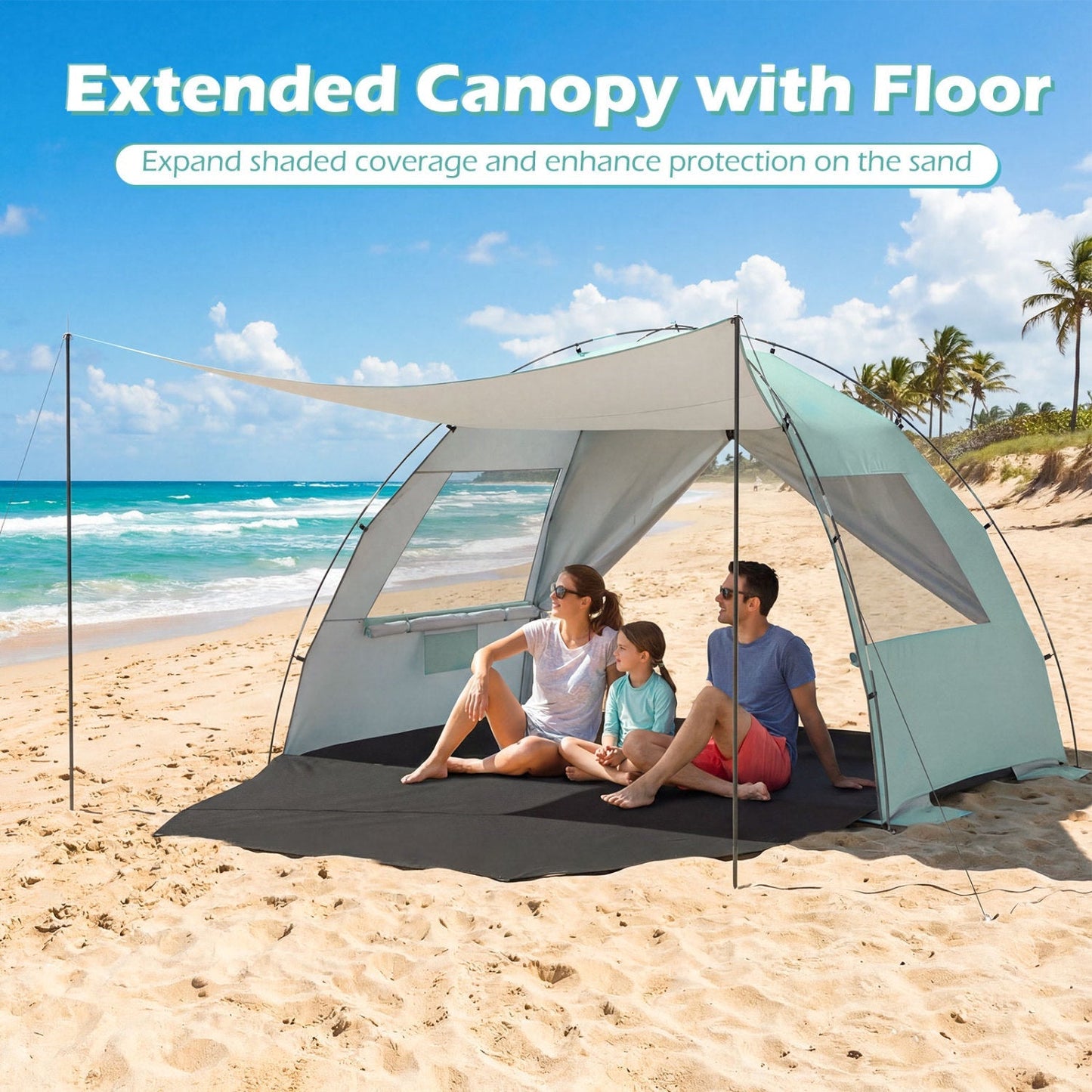 Beach Tent Sun Shelter – UPF50+ Canopy for 3-4 People with Extended Floor, Vent Windows & Sandbags | 6 lbs