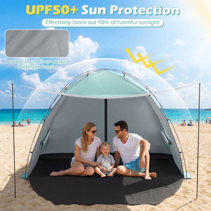 Beach Tent Sun Shelter – UPF50+ Canopy for 3-4 People with Extended Floor, Vent Windows & Sandbags | 6 lbs