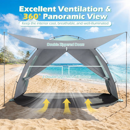 Beach Tent Sun Shelter – UPF50+ Canopy for 3-4 People with Extended Floor, Vent Windows & Sandbags | 6 lbs