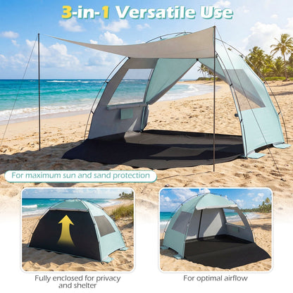 Beach Tent Sun Shelter – UPF50+ Canopy for 3-4 People with Extended Floor, Vent Windows & Sandbags | 6 lbs