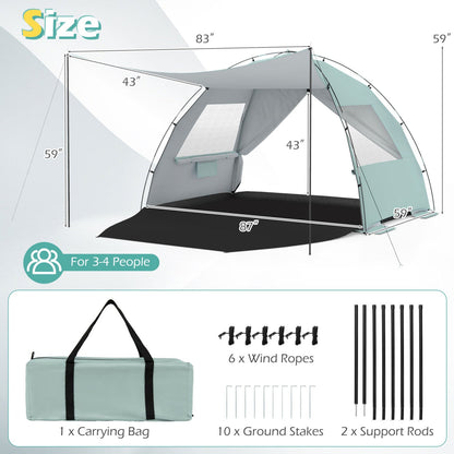Beach Tent Sun Shelter – UPF50+ Canopy for 3-4 People with Extended Floor, Vent Windows & Sandbags | 6 lbs