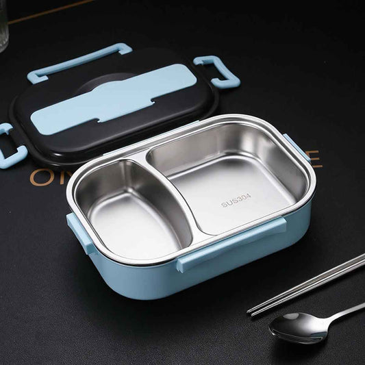 Light blue bento lunch box with stainless divider tray, spoon and chopsticks