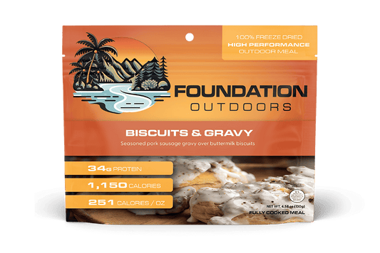 Freeze-dried biscuits and gravy meal pouch in orange packaging with yellow accents