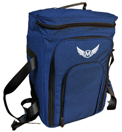 Blue padded board game travel bag with front zipper compartment and shoulder strap