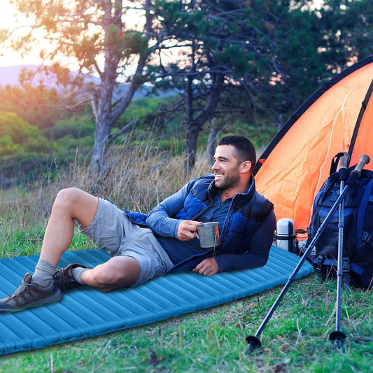 Green 3-inch thick inflatable camping sleeping pad with raised air chambers