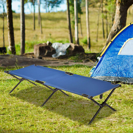 Blue folding camping cot with black metal legs and fabric mattress.