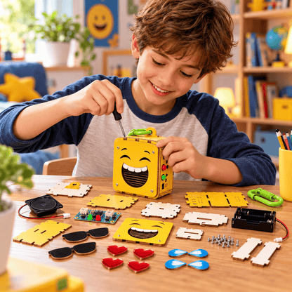 Child assembling DIY emoji voice recorder kit with yellow module and face parts on table