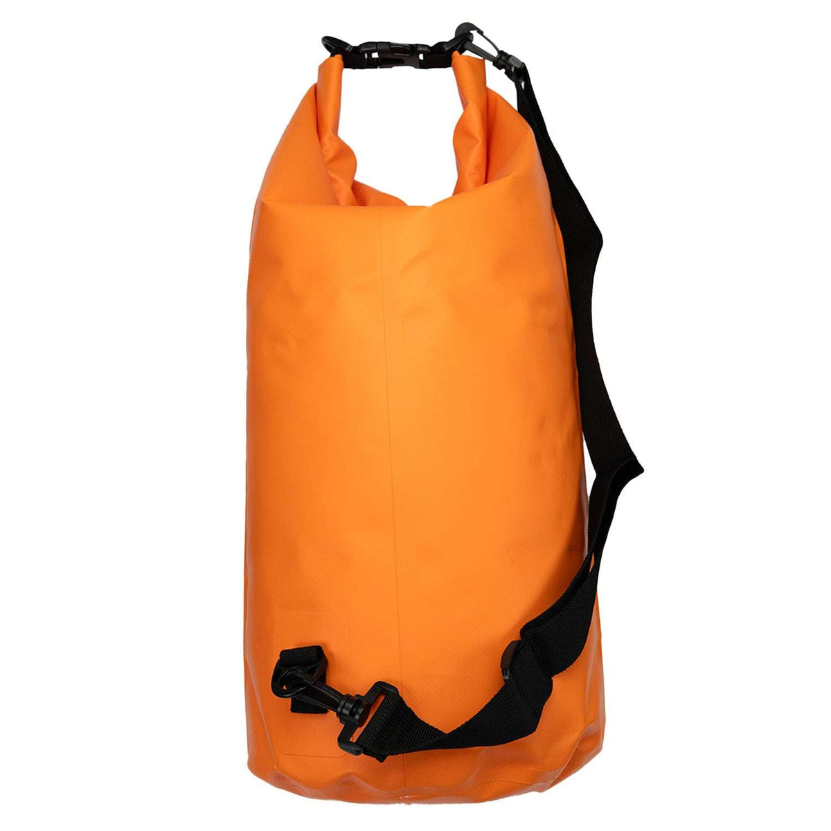 Orange waterproof dry bag with roll-top and black carry straps, wide view