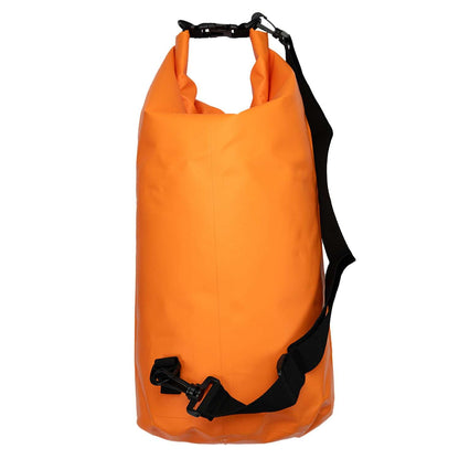 Orange waterproof dry bag with roll-top and black carry straps, wide view