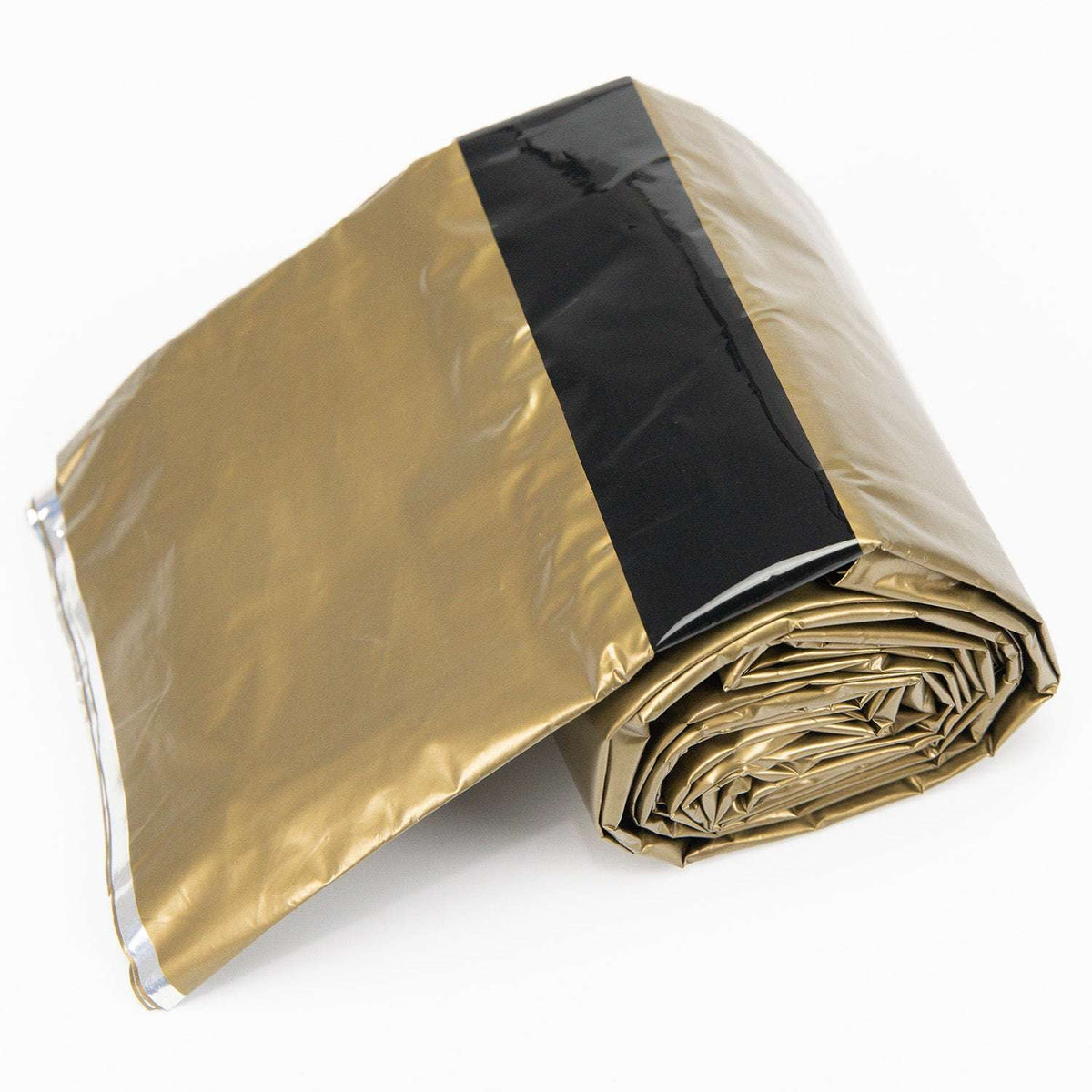 Emergency bivvy sleeping bag, rolled foil with tan and black panels