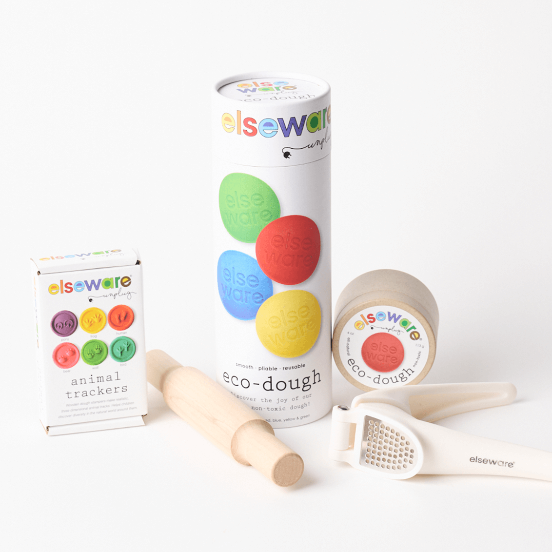 Sensory Play Bundle – Eco-Dough 4-Pack, Animal Tracker Stamps, Eco-Dough Press & Wooden Rolling Pin | Non-Toxic