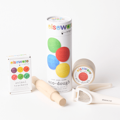 Sensory Play Bundle – Eco-Dough 4-Pack, Animal Tracker Stamps, Eco-Dough Press & Wooden Rolling Pin | Non-Toxic