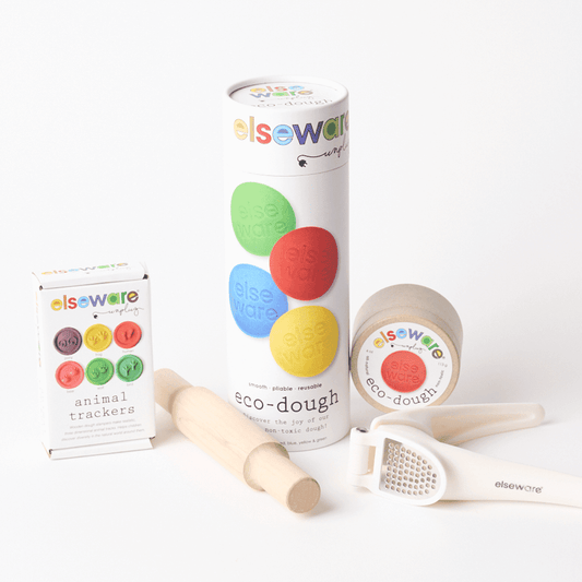 Eco-dough set with canisters, animal tracker stamps, rolling pin, and press tool