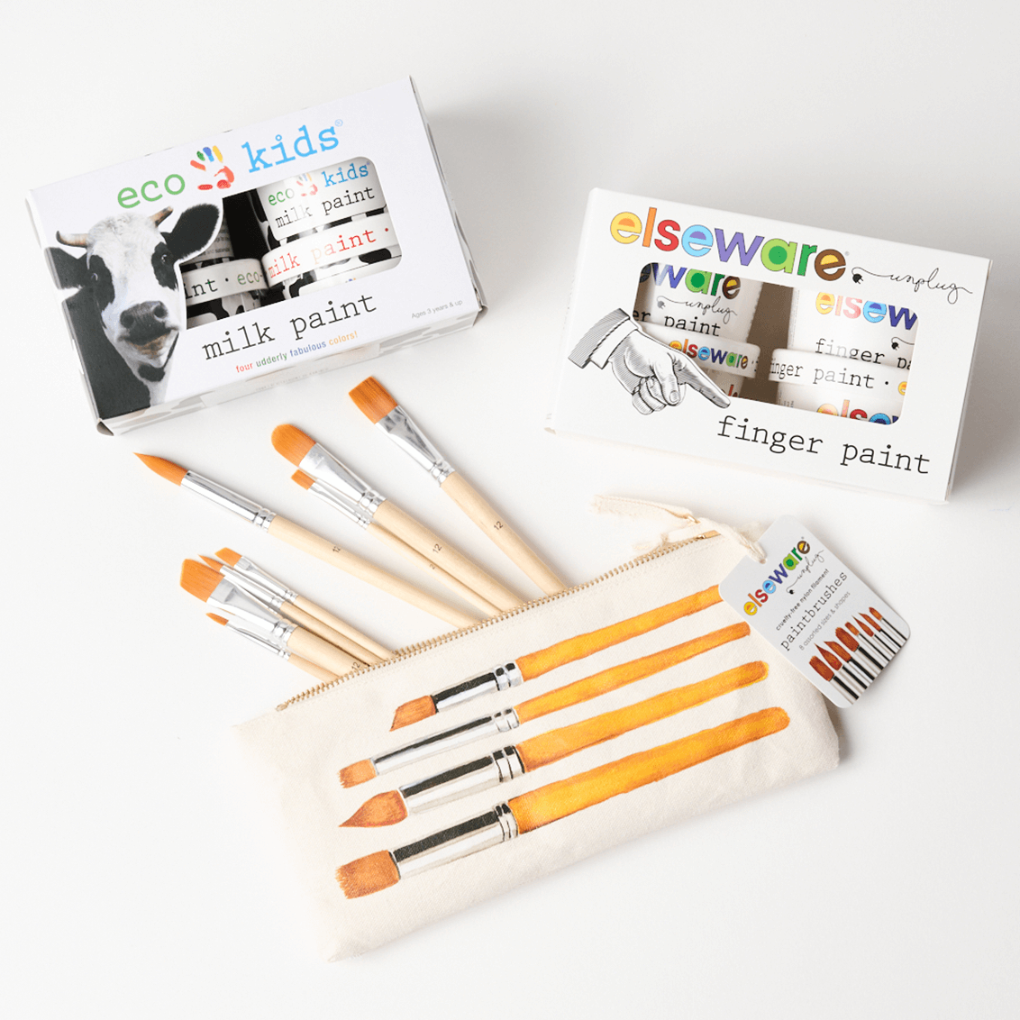 Creative Painting Bundle for Kids – All-Natural Finger Paint, Milk Paint (Tempera) & 8-Piece Brush Set | Non-Toxic