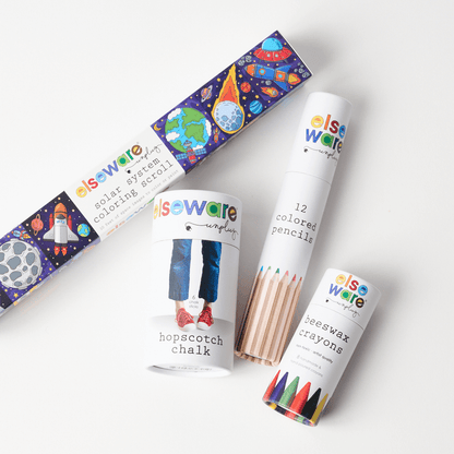 Outdoor Art Bundle – Hopscotch Chalk, Beeswax Crayons, Solar Coloring Scroll & Colored Pencils | Non-Toxic | Kids