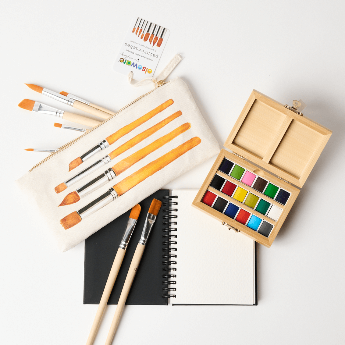 Watercolor Travel Set – Bamboo Case, 8-Piece Brush Set & Cotton Rag Watercolor Pad | Portable Painting Kit
