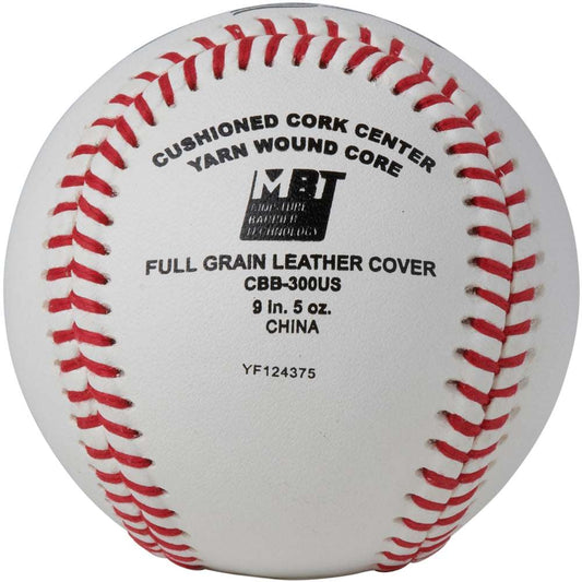 Champro full-grain leather baseball with printed specs: cushioned cork center, yarn-wound core