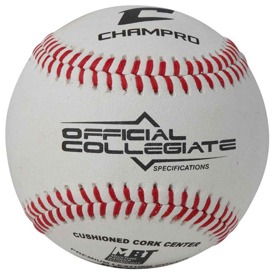 Champro collegiate NCAA baseball, white with red stitching and Dual Collegiate logo.
