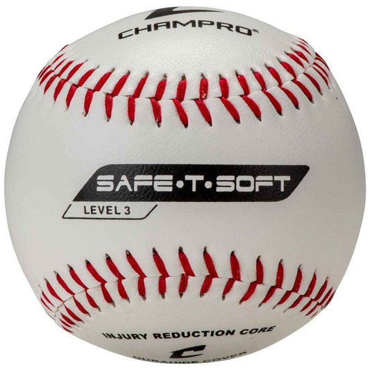 Champro Safe-T-Soft Level 3 training baseball, white with red stitching and Safe-T-Soft logo