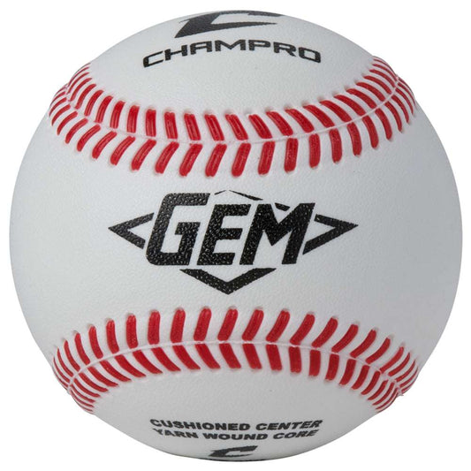 White baseball with red stitching, Champro GEM logo on front, cushioned center